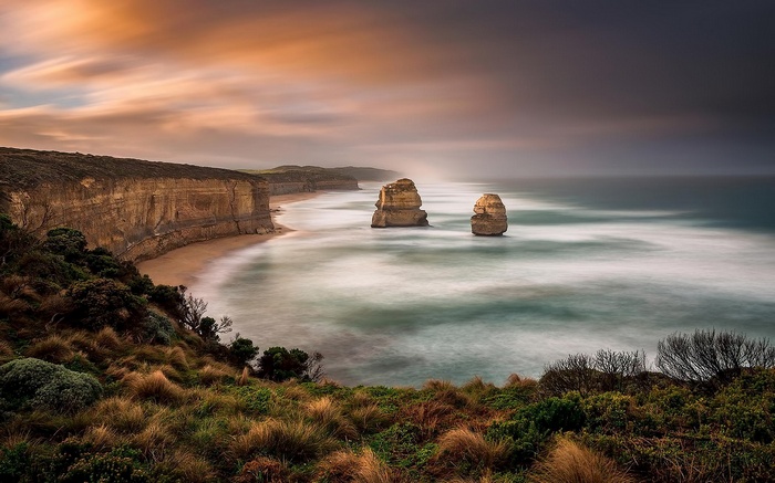 The Twelve Apostles rock formations at sunset