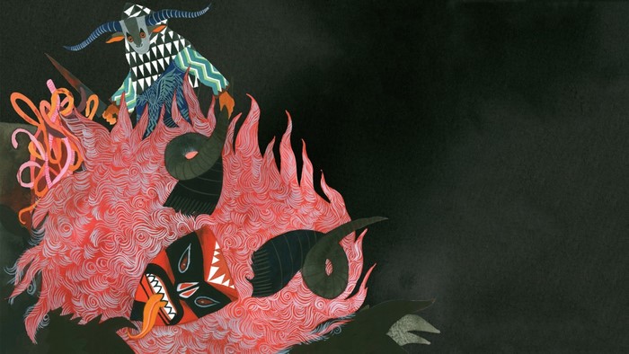 Illustration of a demonic creature with masks and horns