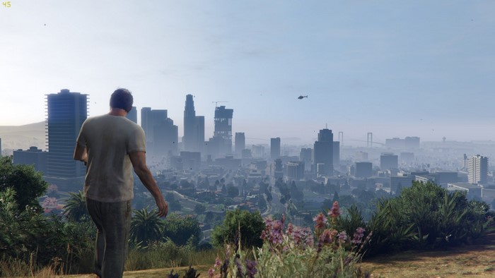 Man overlooking Los Santos cityscape from Grand Theft Auto V