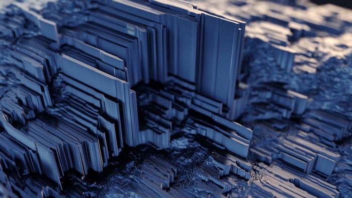 Abstract blue crystalline structures with light and shadow