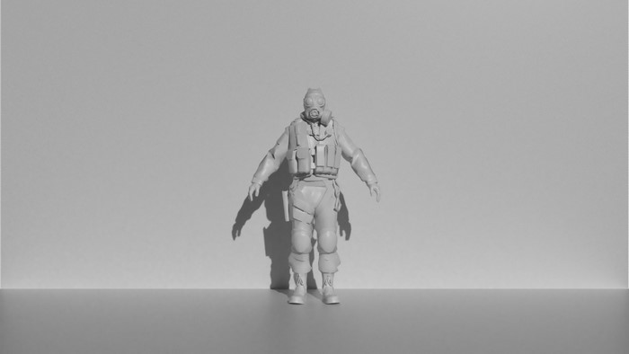A figure wearing a gas mask and tactical gear