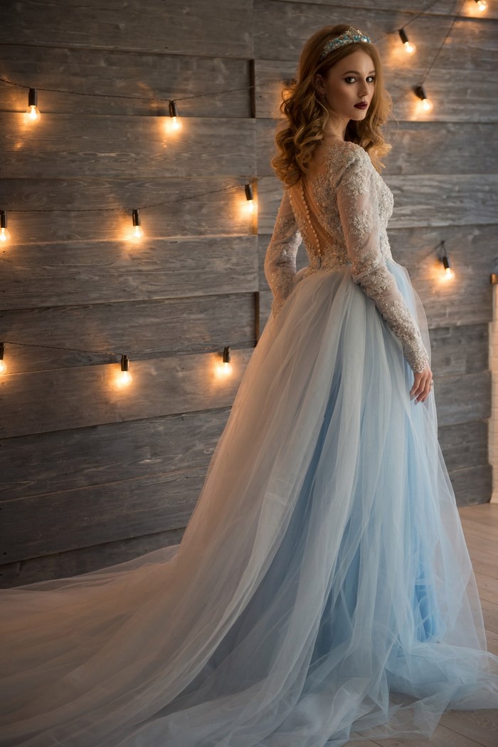 Elegant Bride in Blue Wedding Gown with Lights