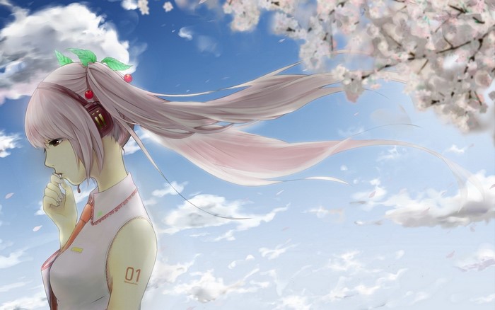 Hatsune Miku with pink hair and headphones under cherry blossoms