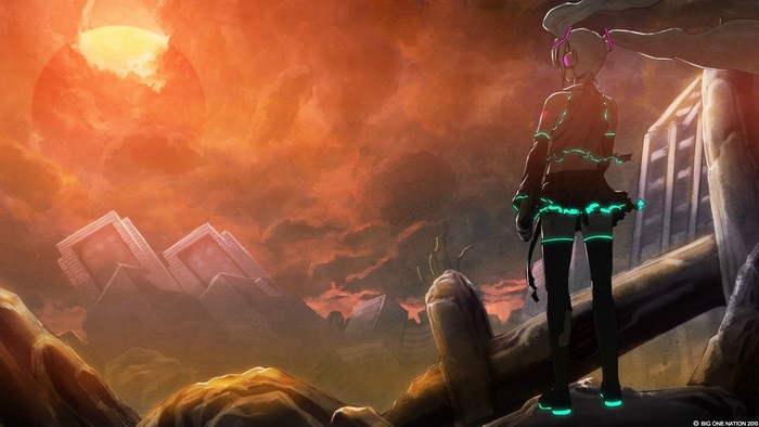 Hatsune Miku in a post-apocalyptic landscape