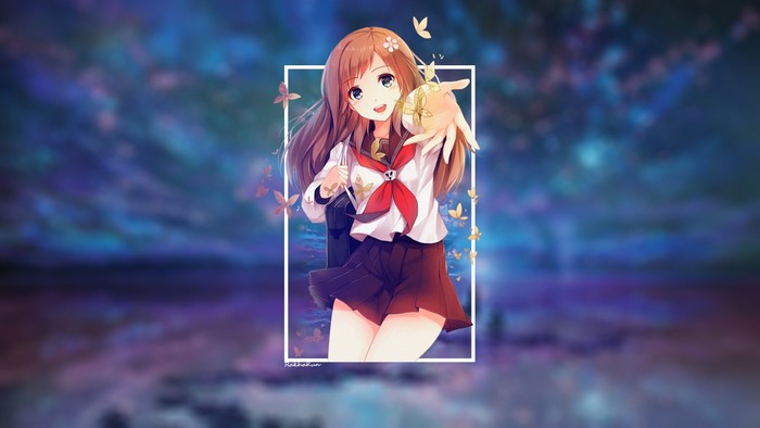 Anime girl in school uniform with butterflies