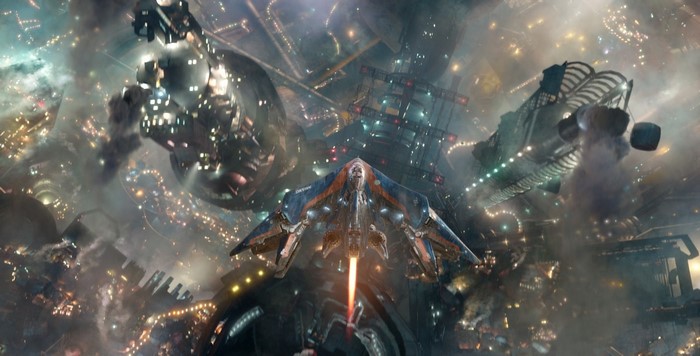 Milano spacecraft flying through Knowhere in Guardians of the Galaxy
