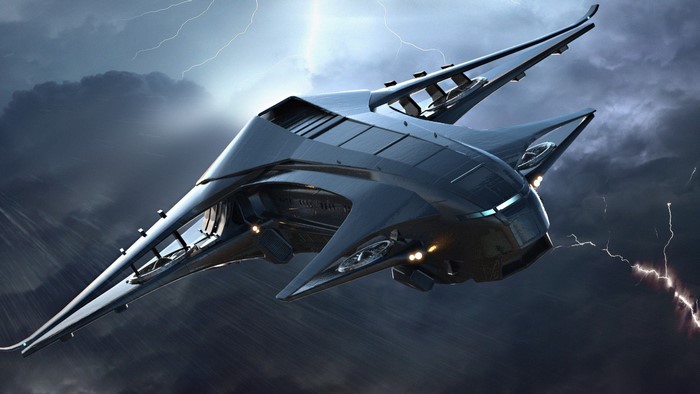 Science fiction spaceship flying through a stormy sky