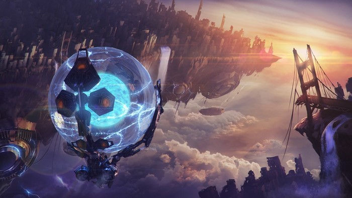 Floating futuristic city with a large energy sphere