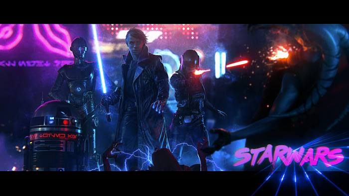 Star Wars characters in a cyberpunk setting