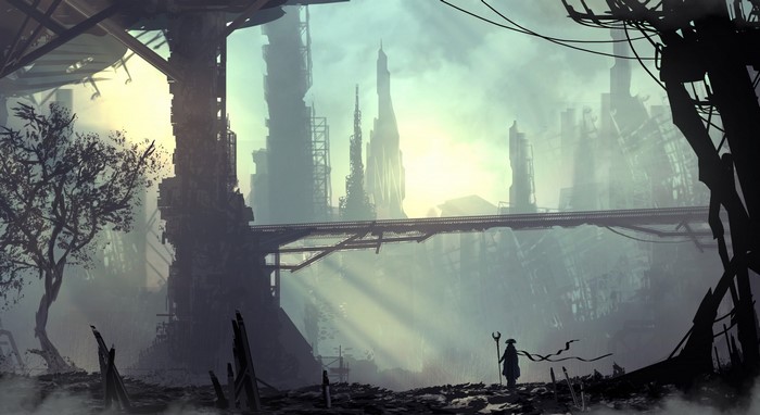 Futuristic city ruins with a lone figure