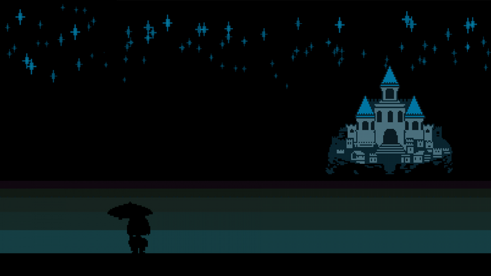 Frisk with umbrella in front of castle at night