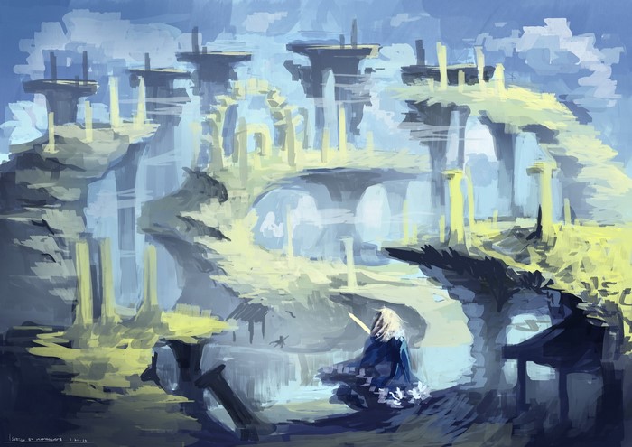 Saber from Fate Zero in a surreal landscape painting