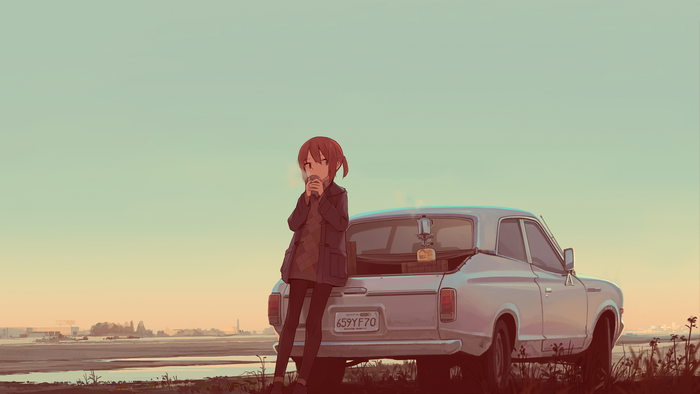 Anime girl with coffee by a car