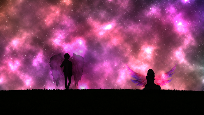 Two angels silhouetted against a colorful nebula