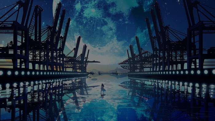 Girl walking in a flooded industrial harbor at night