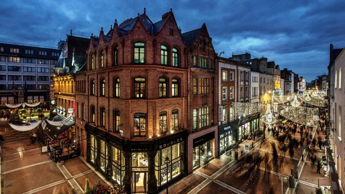 Grafton Street Dublin at dusk with Christmas lights
