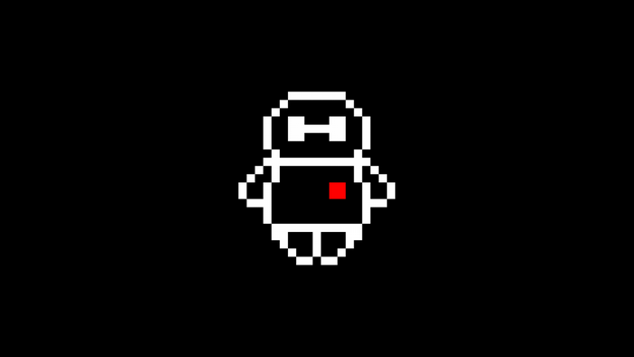 Pixel art robot with red heart symbol