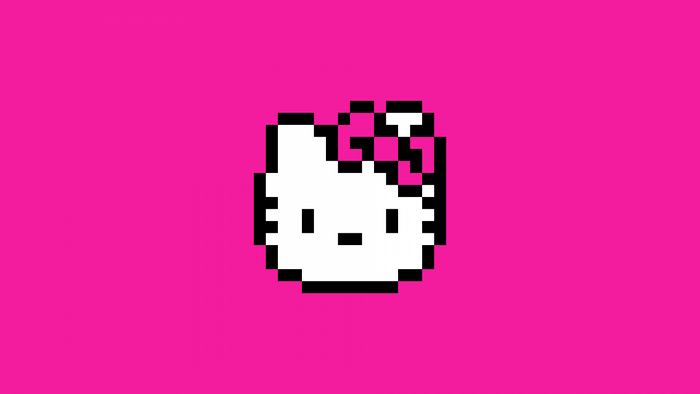 Pixel art Hello Kitty icon on magenta background