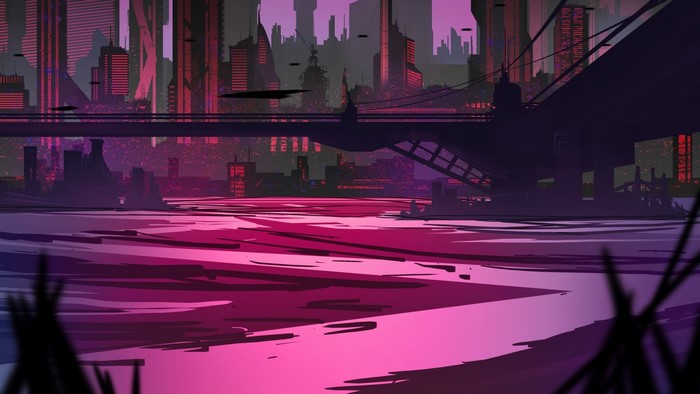 Futuristic cityscape with glowing water and bridge