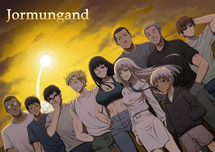 Jormungand characters in front of a bright light