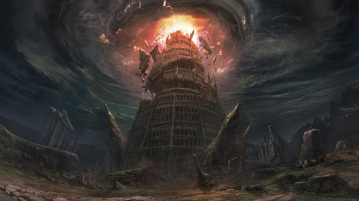 Tower of Babel under a stormy sky