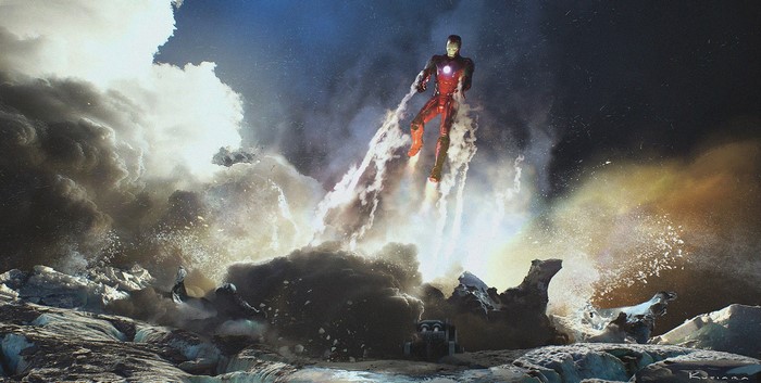 Iron Man flying through smoke and debris