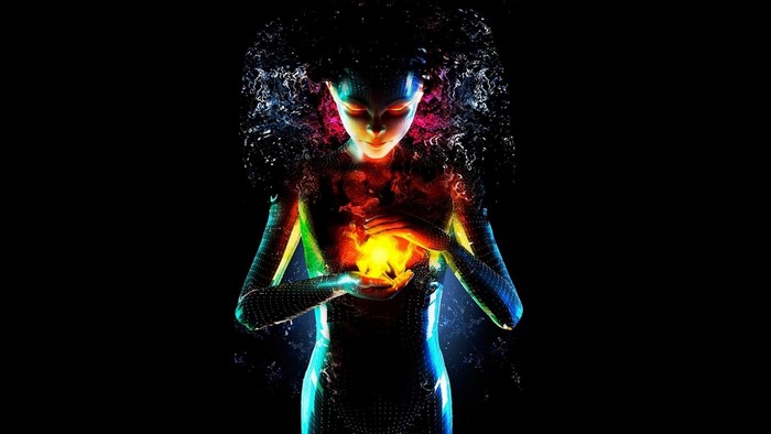 Digital art of a woman with fire in her hands