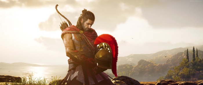 Alexios from Assassins Creed Odyssey holding a helmet