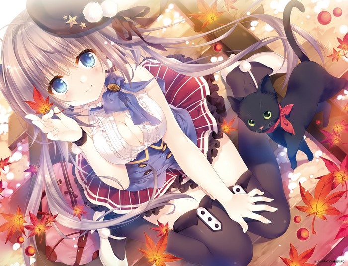 Anime girl with black cat and autumn leaves