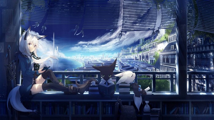 Anime girl with fox ears reading by window overlooking city