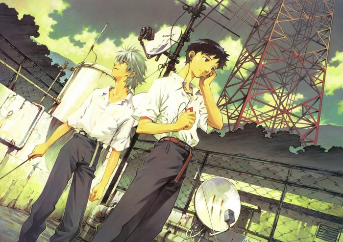 Shinji Ikari and Kaworu Nagisa from Evangelion on a rooftop