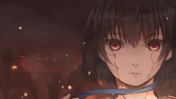 Mumei from Koutetsujou no Kabaneri with glowing red eyes