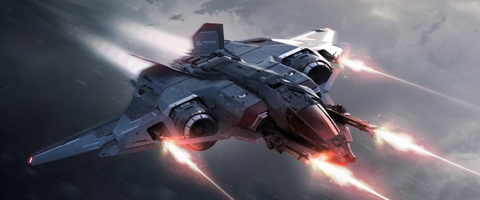 Aegis Dynamics spaceship firing lasers in Star Citizen