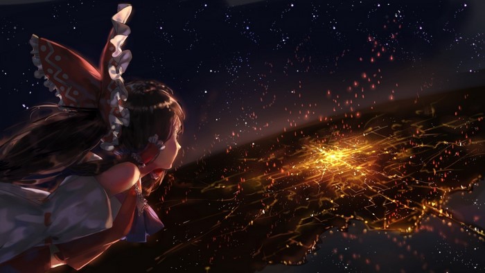 Hakurei Reimu from Touhou looking at a glowing cityscape at night