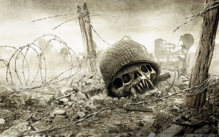 Skull in helmet amidst war debris and barbed wire