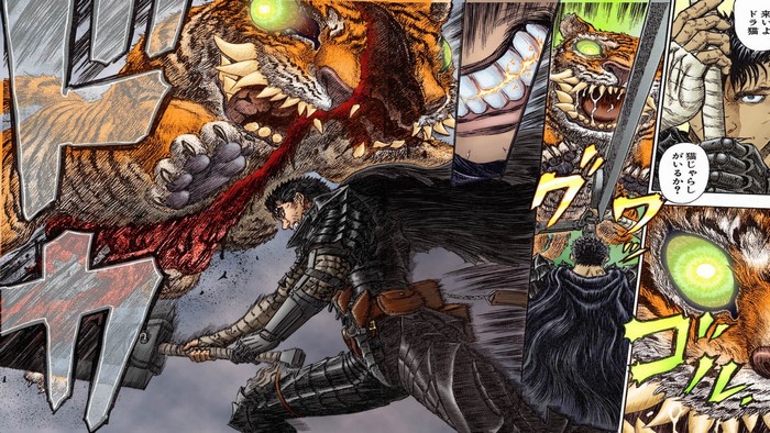 Guts fighting a tiger-like demon in Berserk
