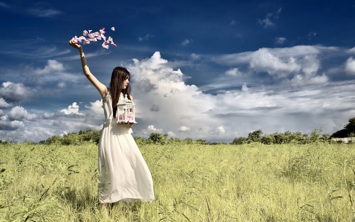 sunlight, women outdoors, model, nature, grass, sky, outdoors, Asian ...