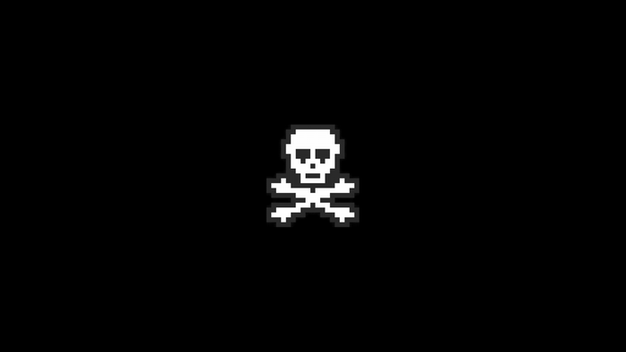 Pixel art skull and crossbones logo