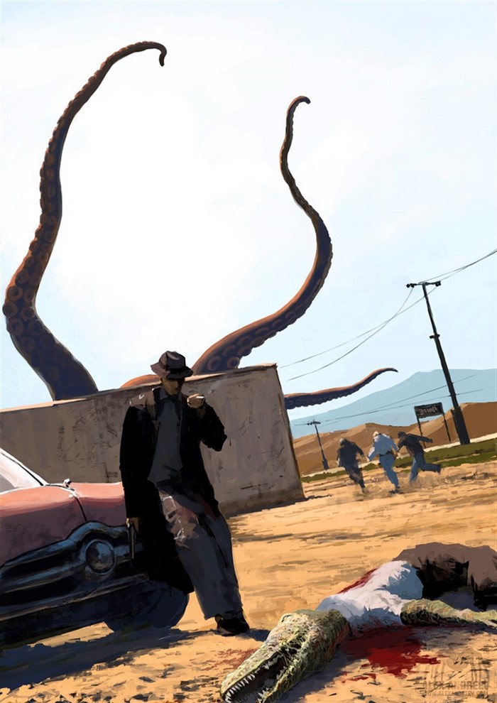 Man in Trench Coat and Tentacles with Dead Alligator