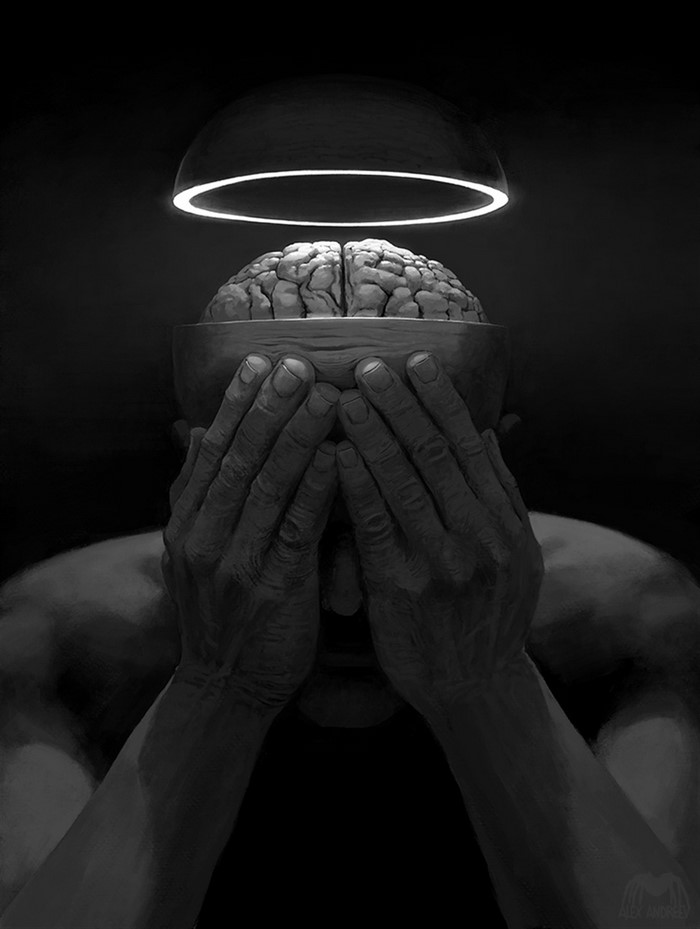 Artwork of a person with exposed brain and hands covering face