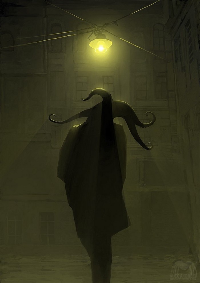Surreal artwork of a cloaked figure with tentacles under a streetlamp