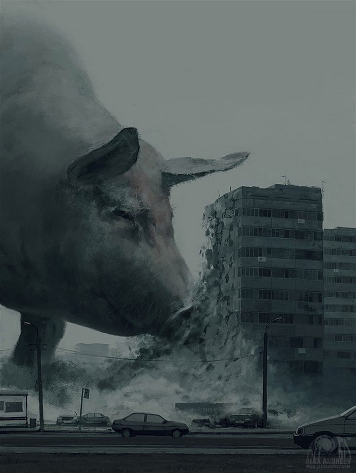 Giant pig destroying a city, artwork by Alexey Andreev