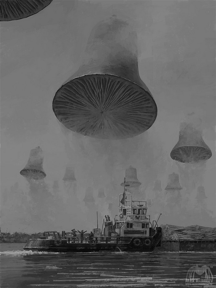 Surreal artwork of a tugboat navigating a foggy river with giant mushroom-like objects in the sky
