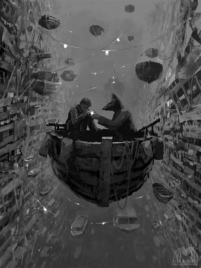 Man and dog-headed man in a boat in a futuristic city