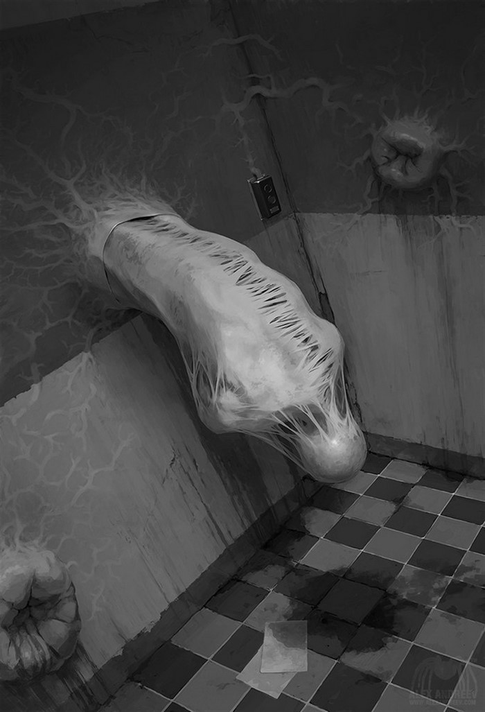 Surreal artwork of a creature emerging from a wall