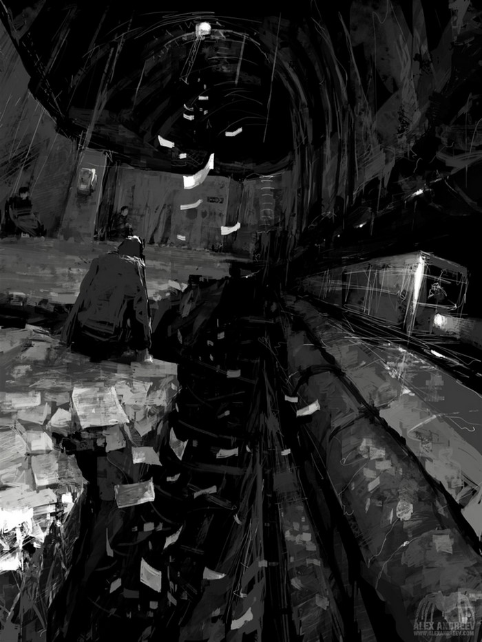 Artwork of a subway station with a train