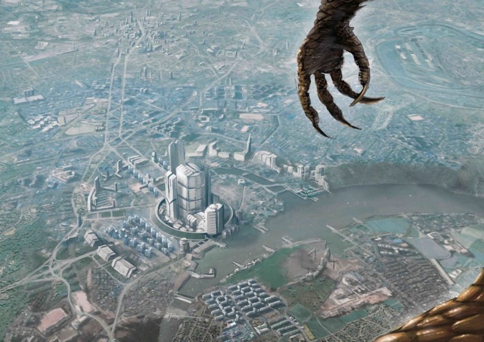 Fantasy creature claw over futuristic cityscape aerial view