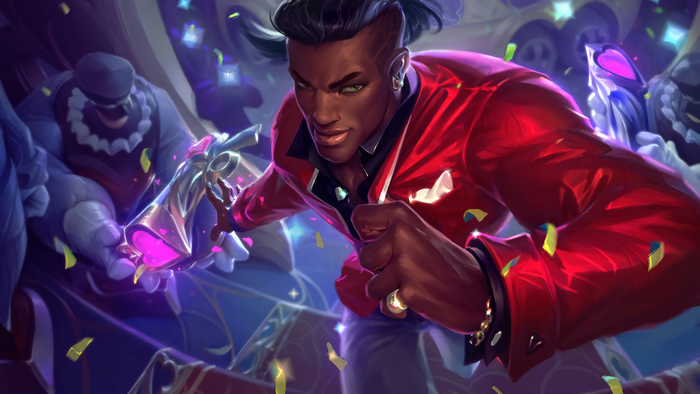 Lucian from League of Legends performing with confetti