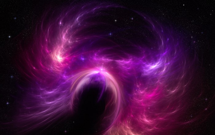 Purple and pink nebula with stars and a black hole
