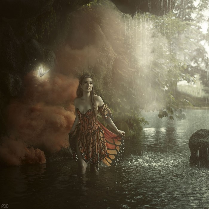 Woman in butterfly dress in a misty forest